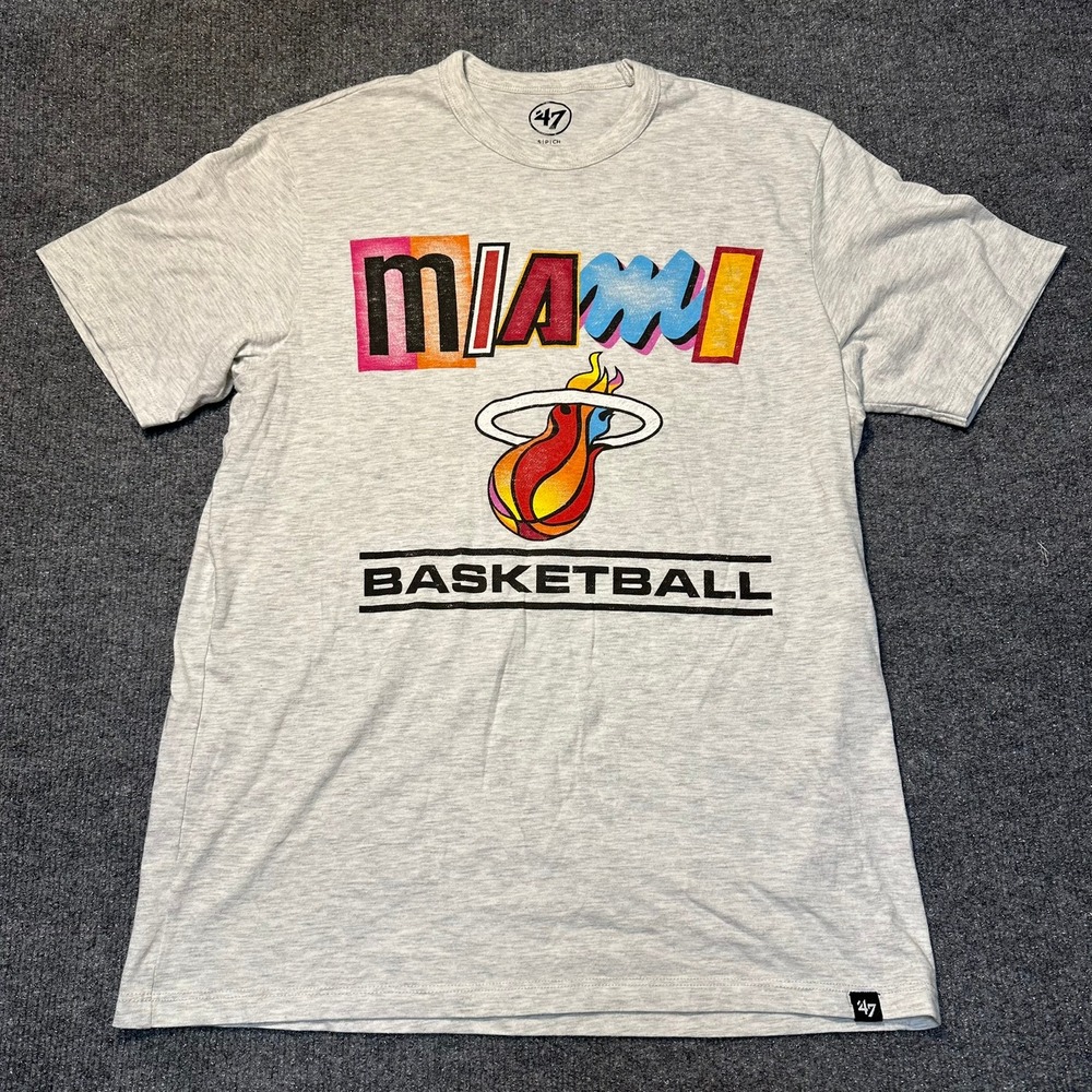 47 Brand Miami Heat Basketball Heather Gray Graphic T-Shirt Mens Small NBA Tee